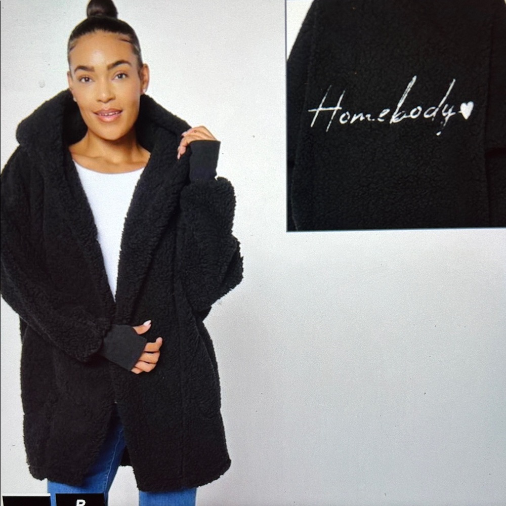 Jill Martin Cozy Sherpa Black Teddy Coat with Hood Embroidered size M/L